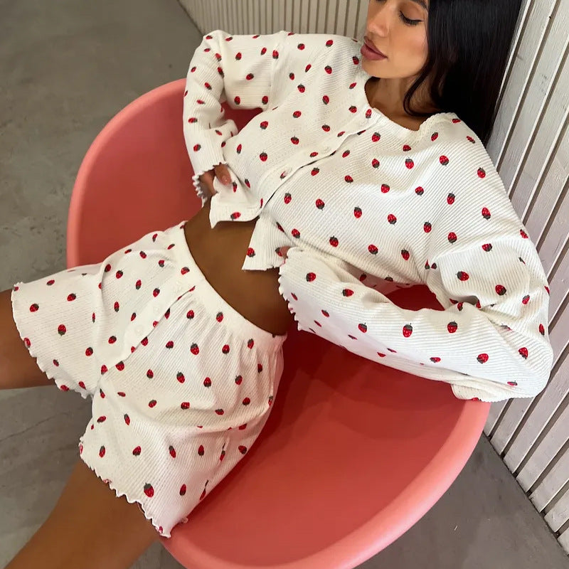 Autumn Knitted Women's Home Clothes Printed Short & Long Sleeve top  Two-Piece Loose Pajamas 3