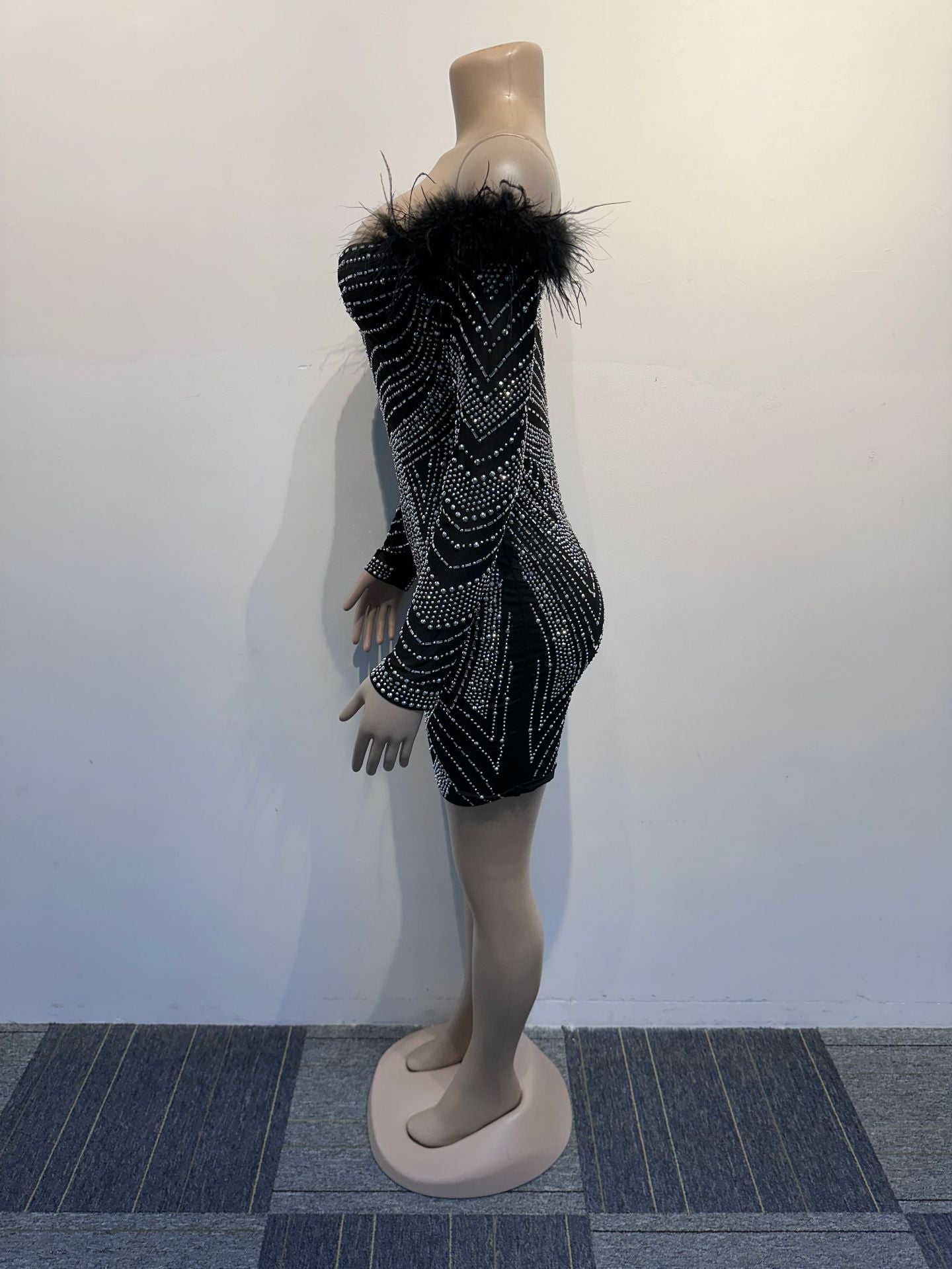 Women's Beaded Feather Off Shoulder Bodycon Dress 12