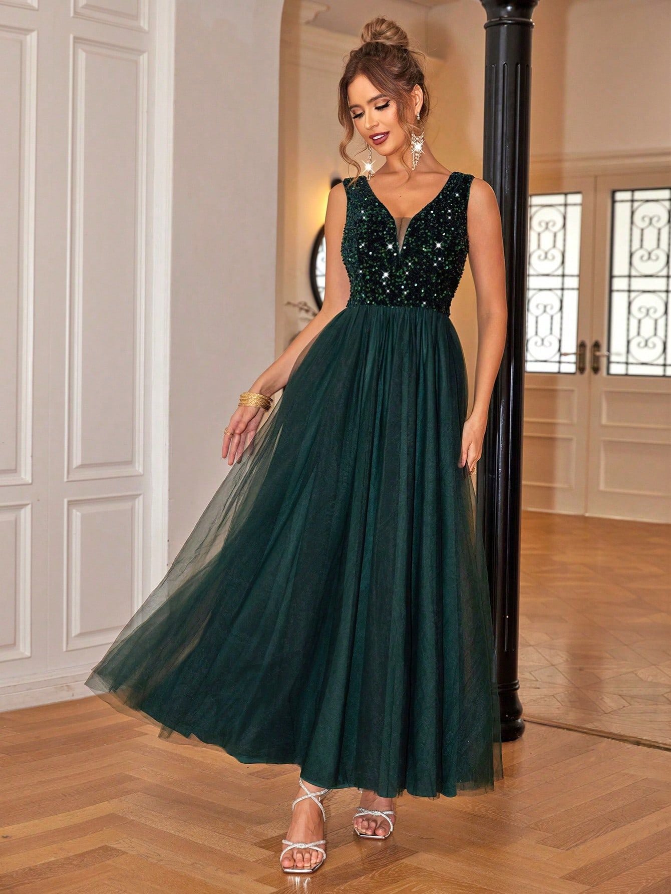 Women Sexy Sequins Patchwork Mesh Dress 9