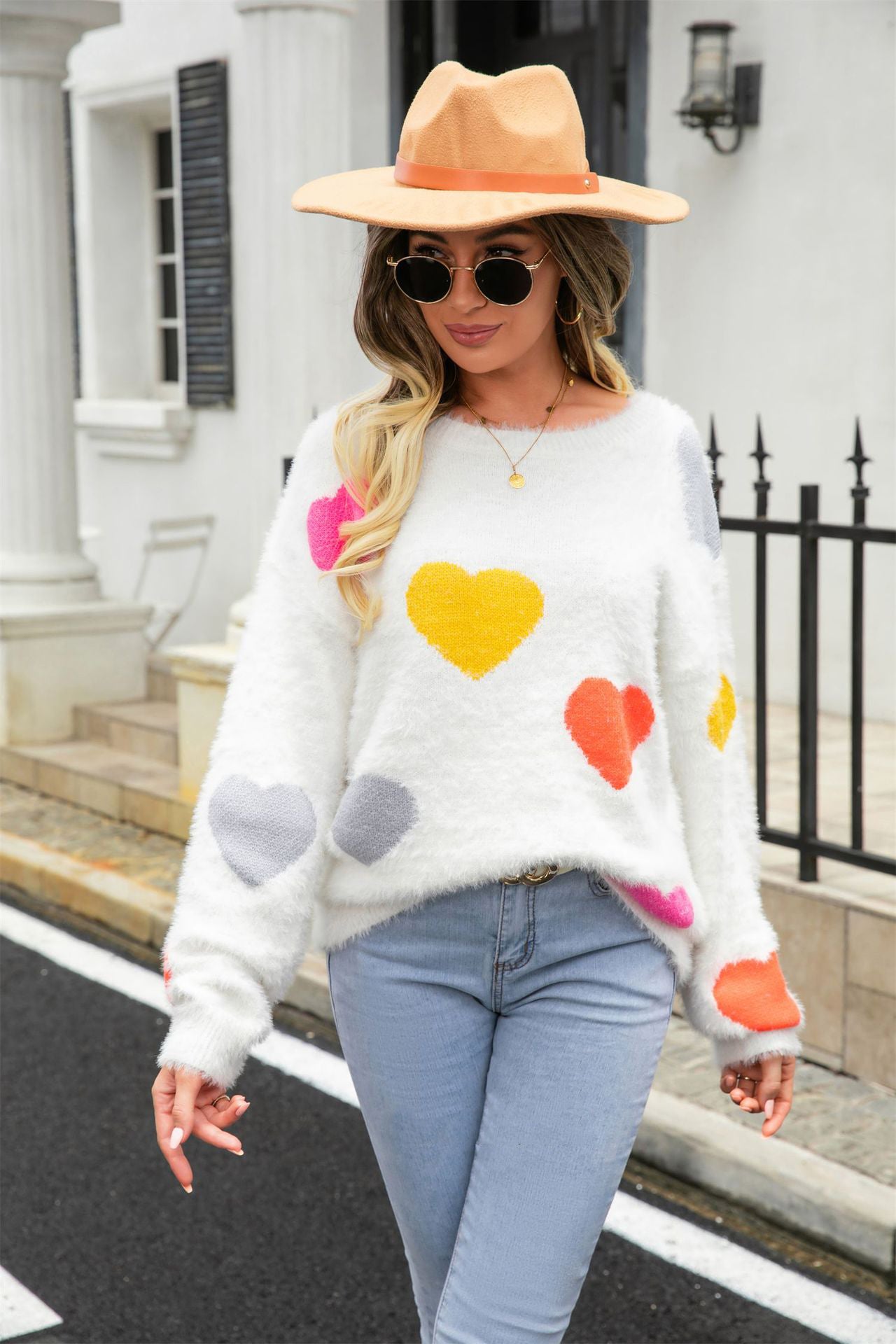 Women Round Neck Basic Heart Print Sweater 9