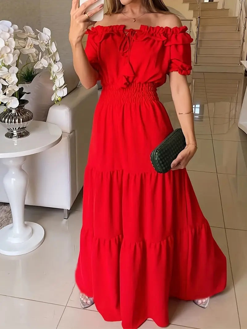 Fashionable Women's Solid Color Tie Ruffle Off-Shoulder Puff Sleeve Maxi Dress