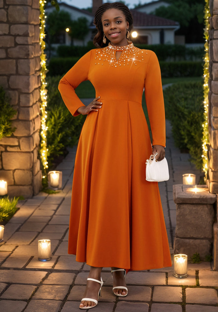 Women's Fashion High Neck A-Line Elegant Beaded Dress