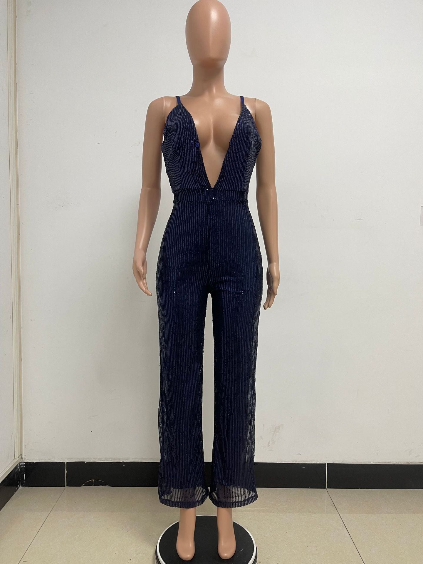Deep V Neck Low Back Sleeveless Chic Sequined Straps Elegant Women's Party Jumpsuit 90