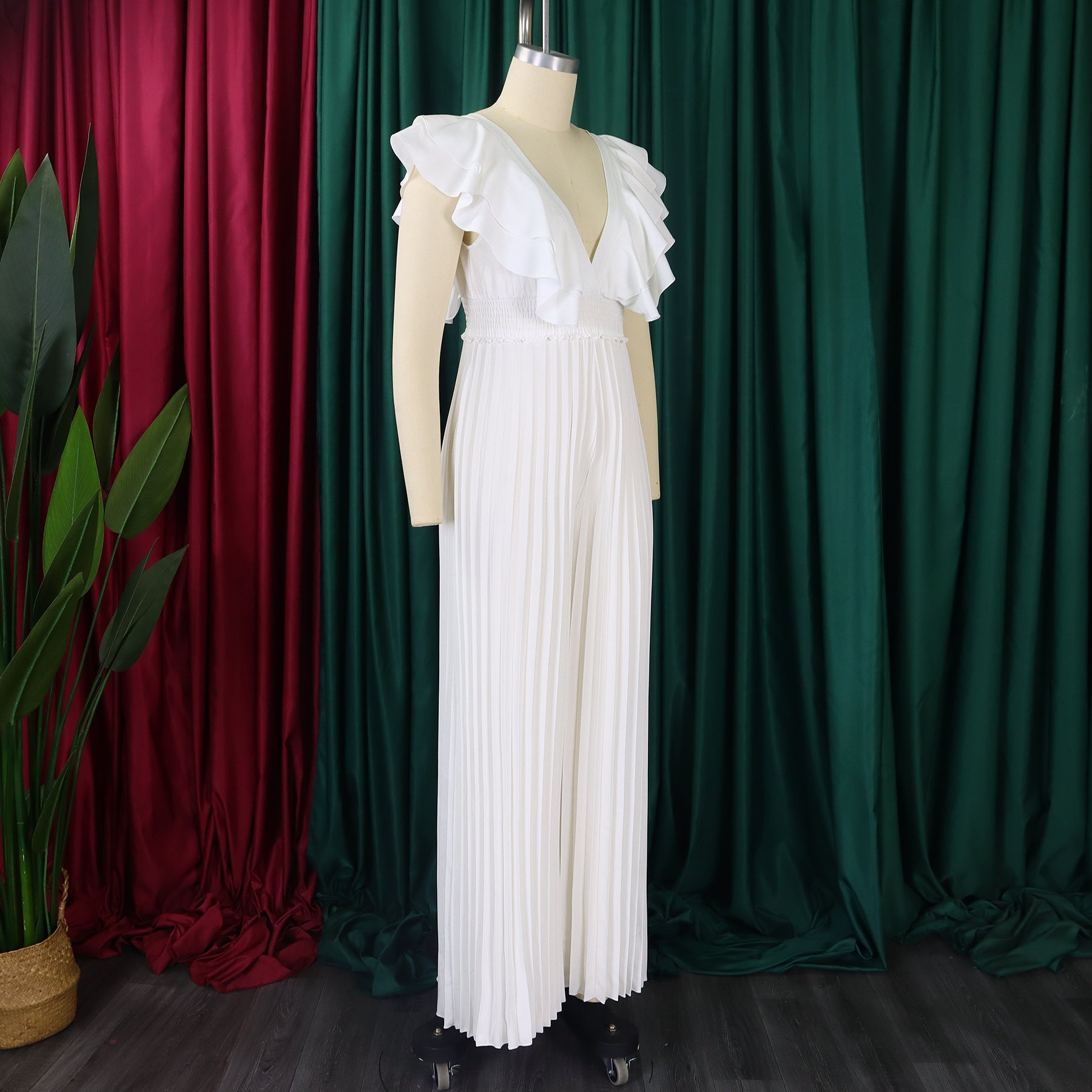 Women's Deep V Neck High Waist Sexy Ruffled Pleat Wide Leg Jumpsuit 10