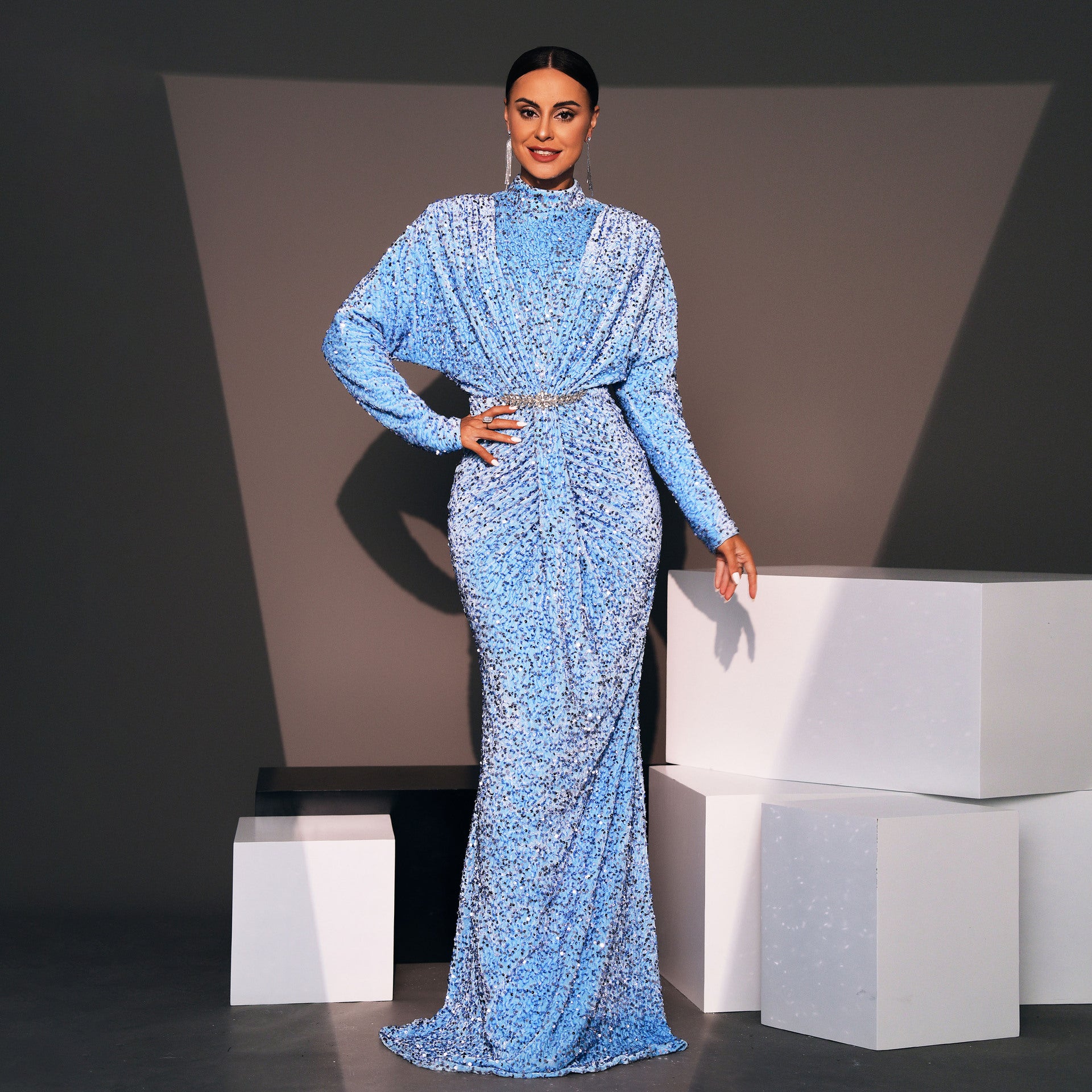 Women Sequined Long Sleeve Round Neck Formal Party Maxi Evening Dress 3