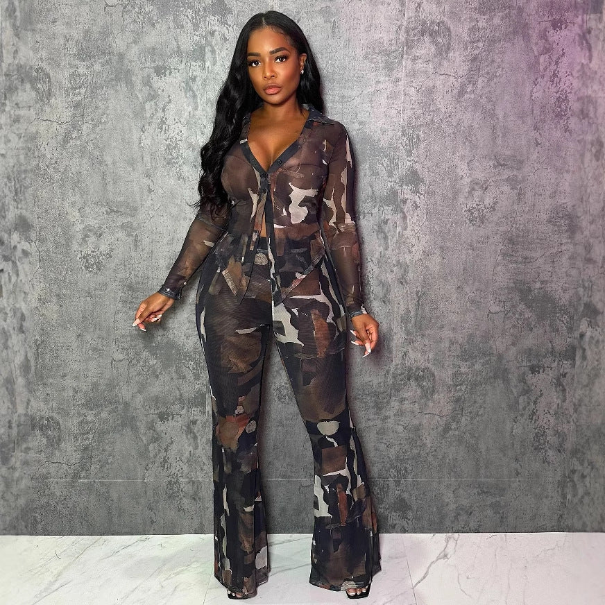 Women Sexy Button Printed Mesh Top and Bell Bottom Pants Two-Piece Set 6