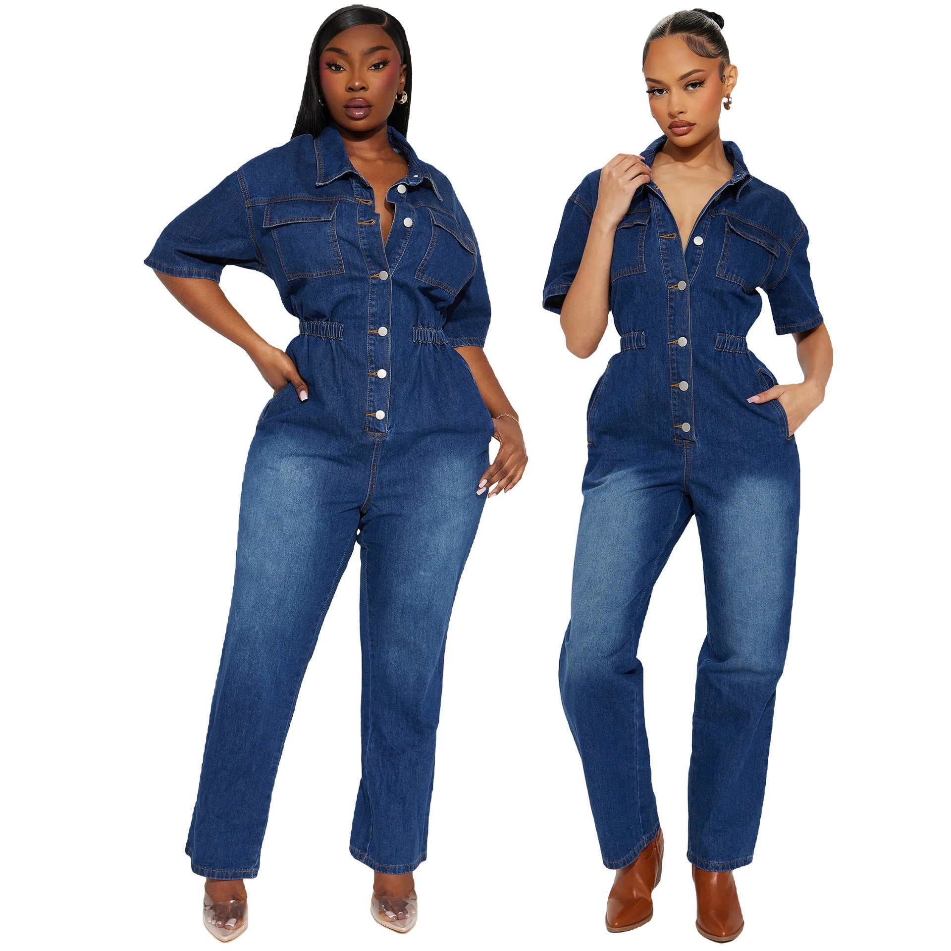 Casual Short Sleeve Button Elastic Denim Jumpsuit 3