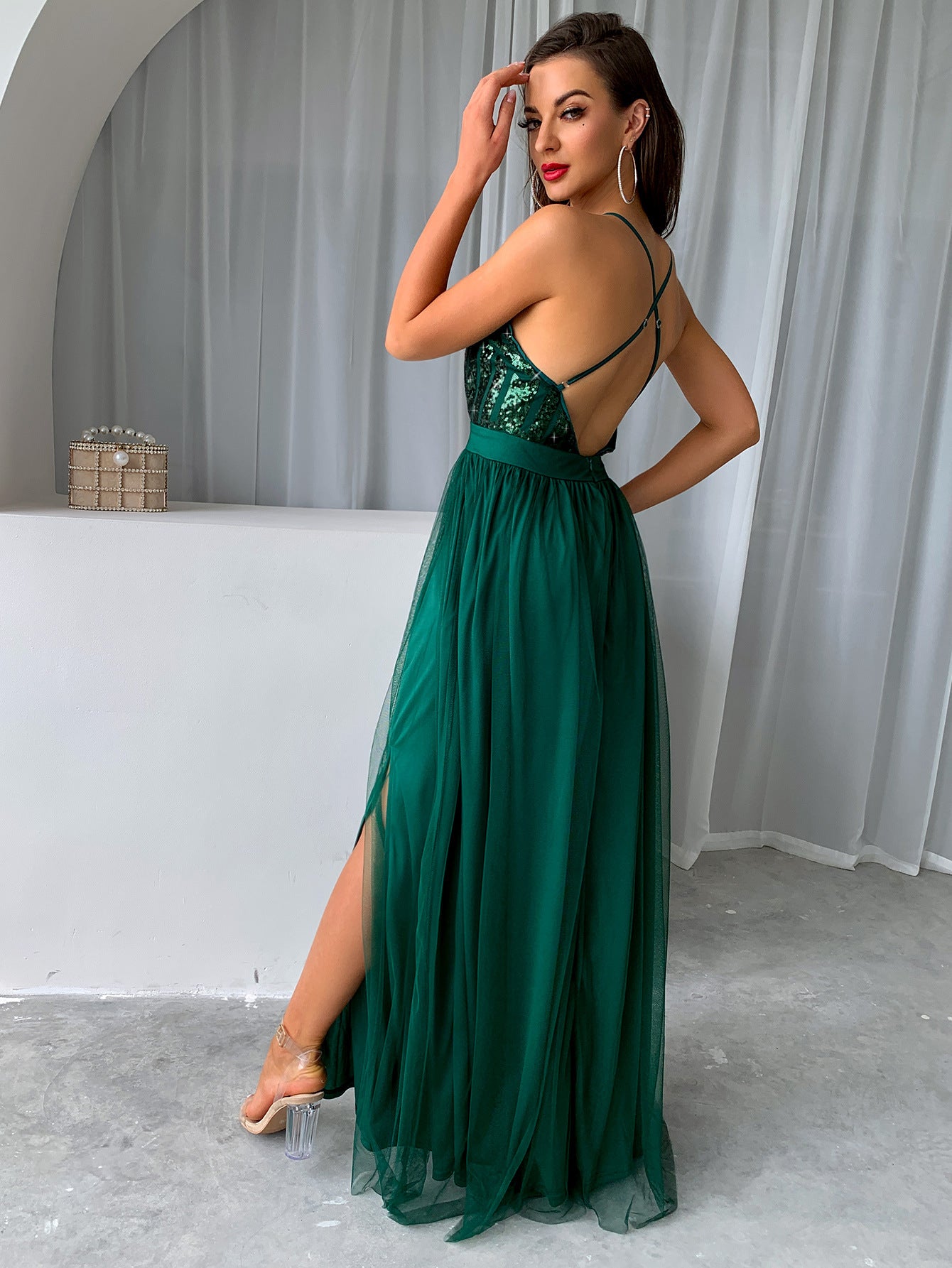 Women Clothes Summer Solid Sexy Strap Sequins Backless Slit Evening Dress 13
