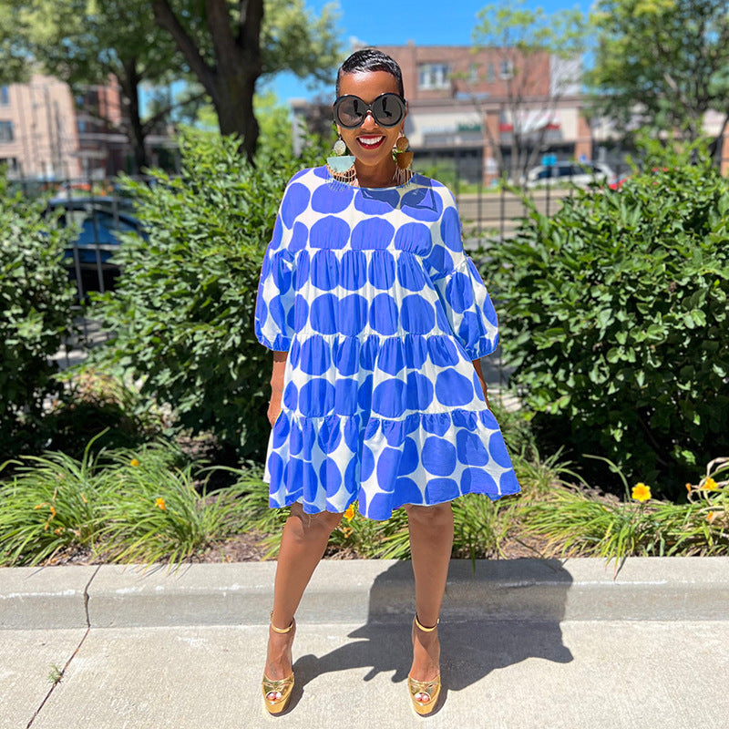 Summer Women Large Polka Dot Loose Round Neck Half-Sleeve Pleated Dress 8