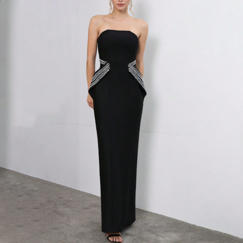 Women Fall Strapless Off-Shoulder Beaded Black French Dress 3