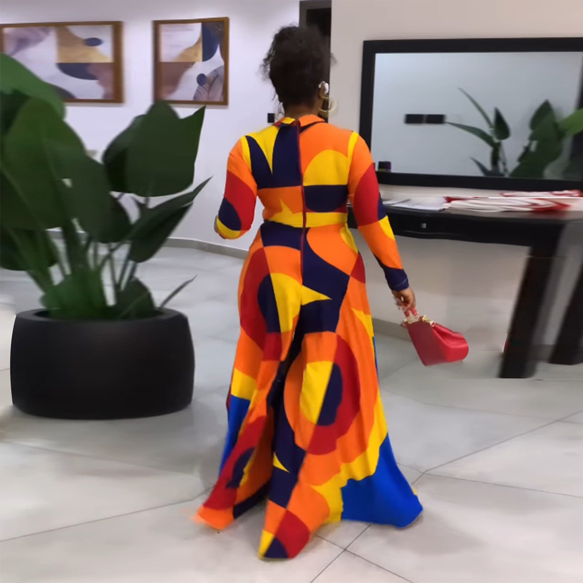 Sexy Slim Deep V Printed Wide Leg Turndown Collar Slim Waist Long Sleeve Jumpsuit 4