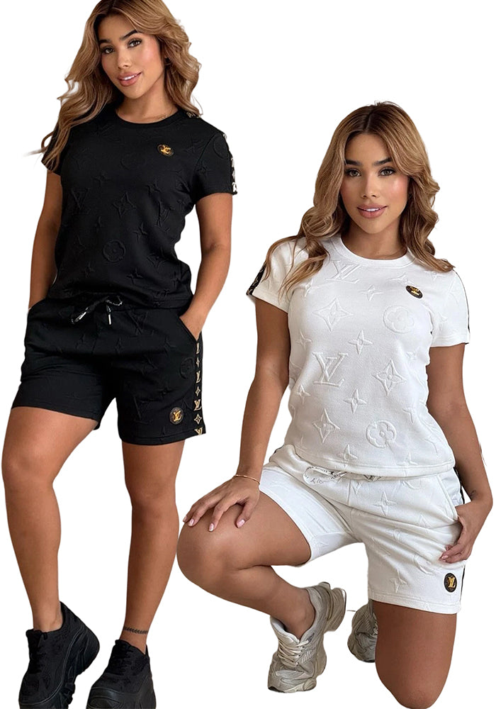 Women Jacquard Short Sleeve Top and Shorts Sports Two Piece Set