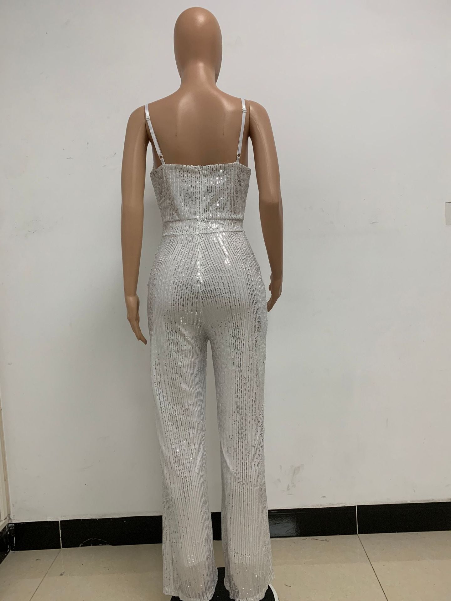 Deep V Neck Low Back Sleeveless Chic Sequined Straps Elegant Women's Party Jumpsuit 141