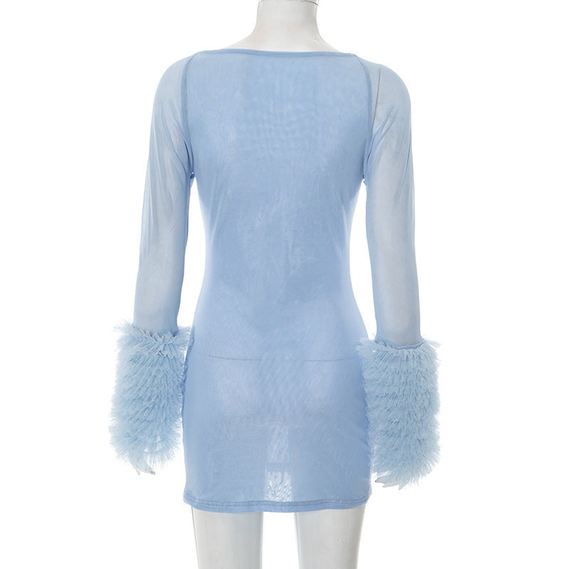 Women's Fashion Mesh Cross Cut-Out Long-Sleeve Fuzzy Sleeve Slim Bodycon Short Dress 12