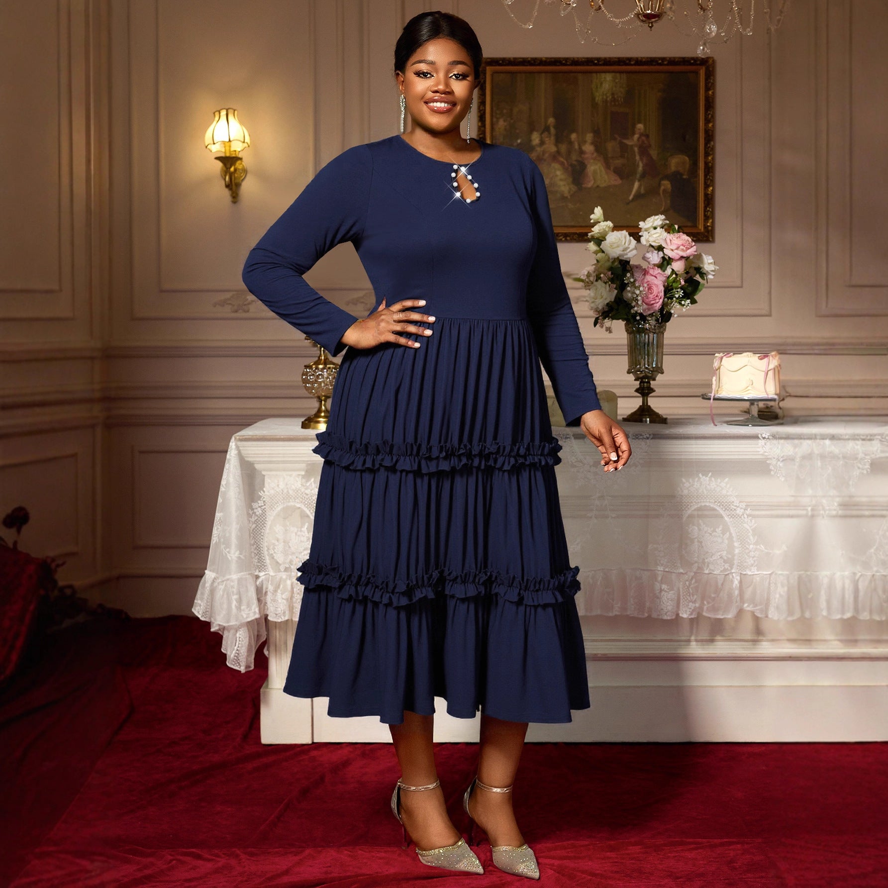 Plus Size Women's Autumn Round Neck Cut-Out Knitting Long Sleeve Gathers A-Line Dress 5