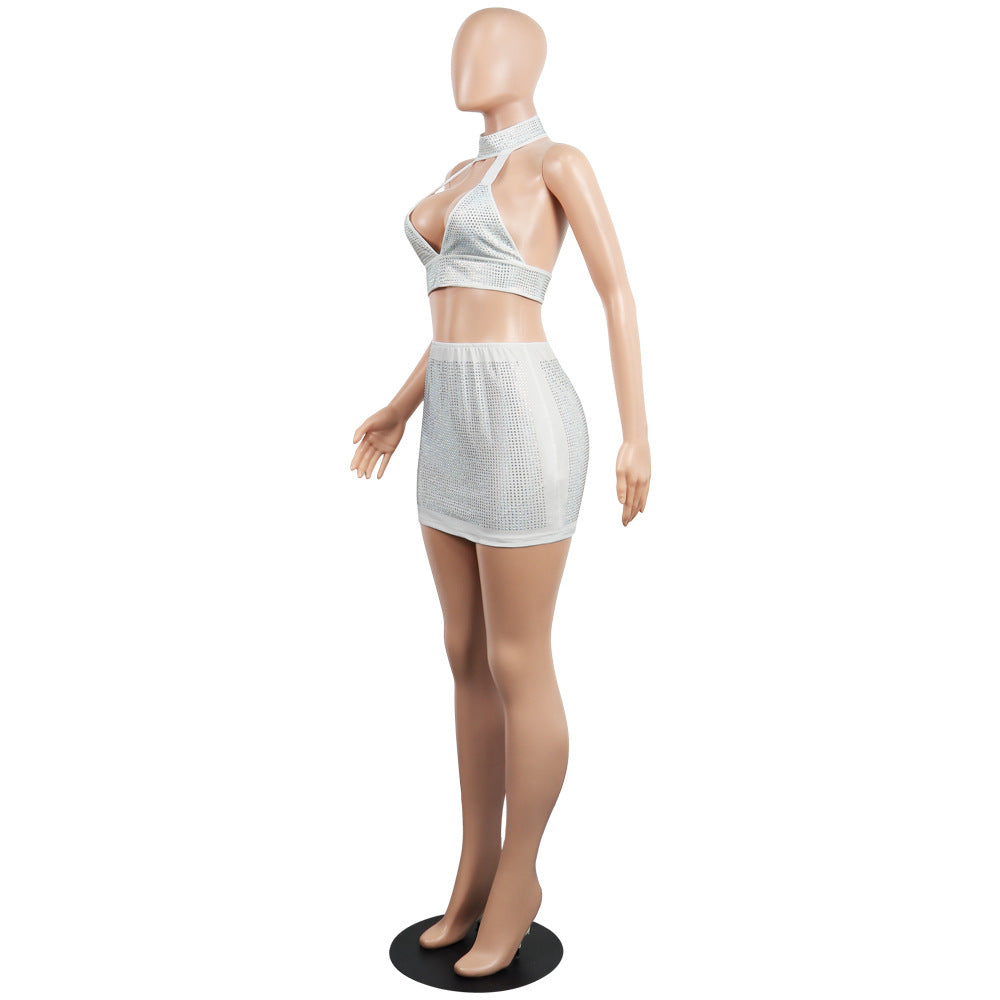 Sexy diamond-encrusted deep V-wrapped chest strap two-piece skirt set 39