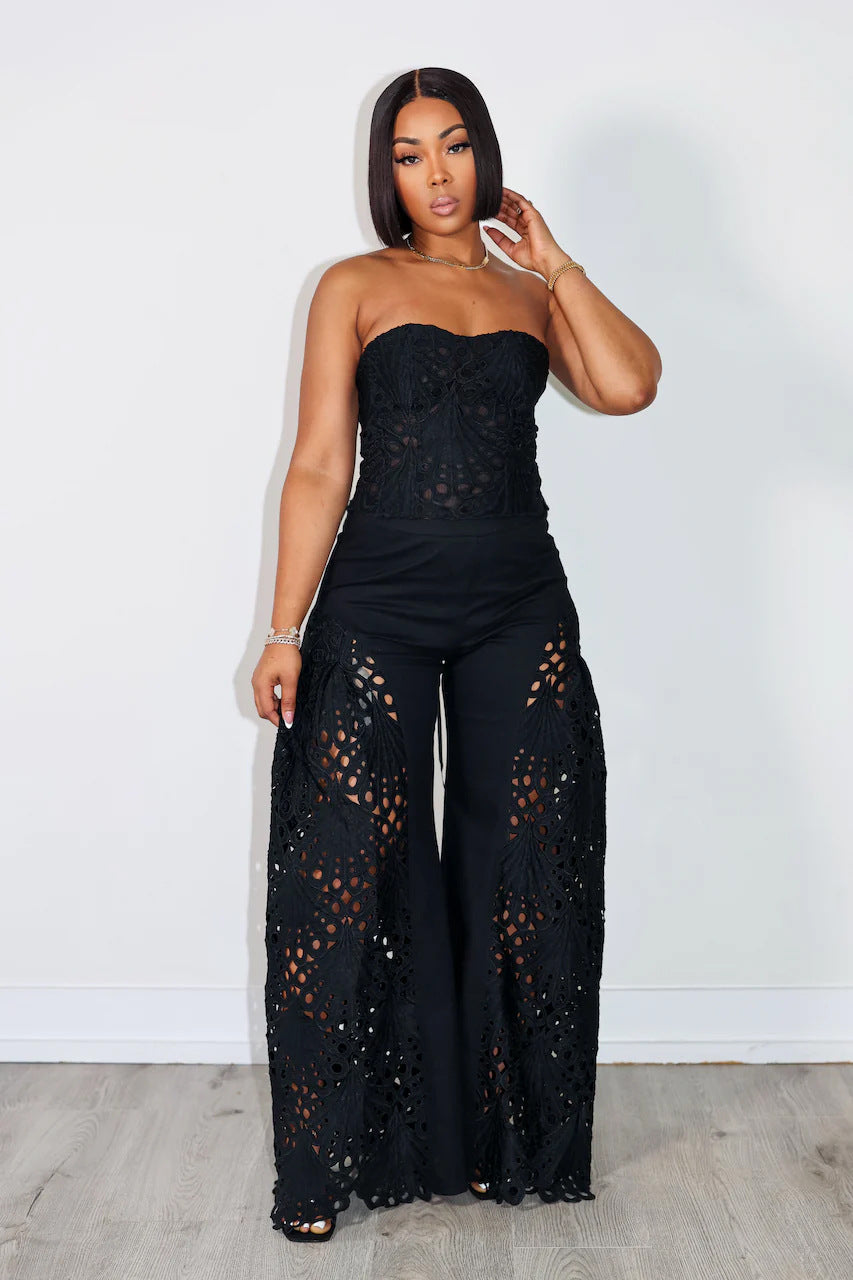 Women Lace Strapless Top and Pant Two-piece Set