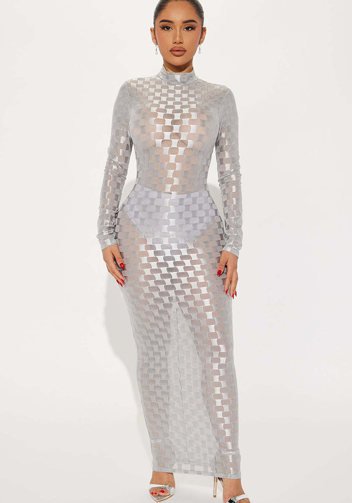 Women's Clothing Sexy Fashion Plaid Mesh Long Dress