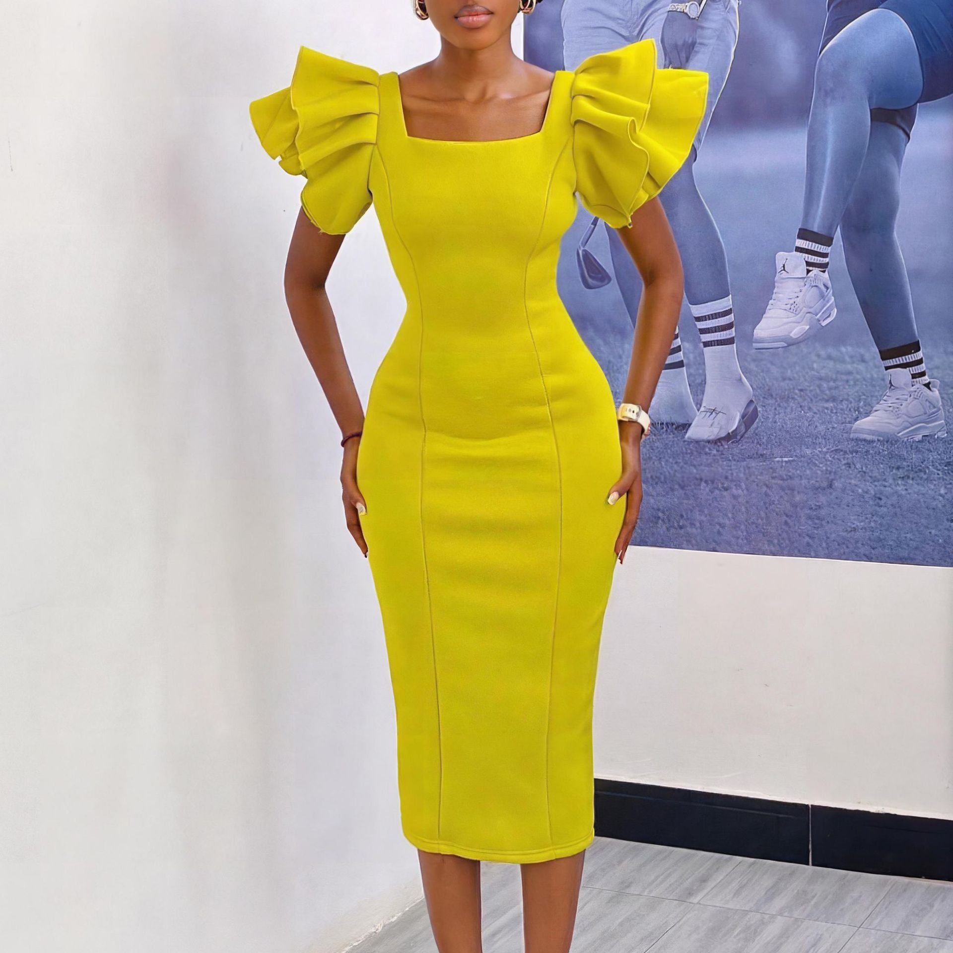 Women Chic Career Square Neck Ruffle Sleeve Party Dress 7