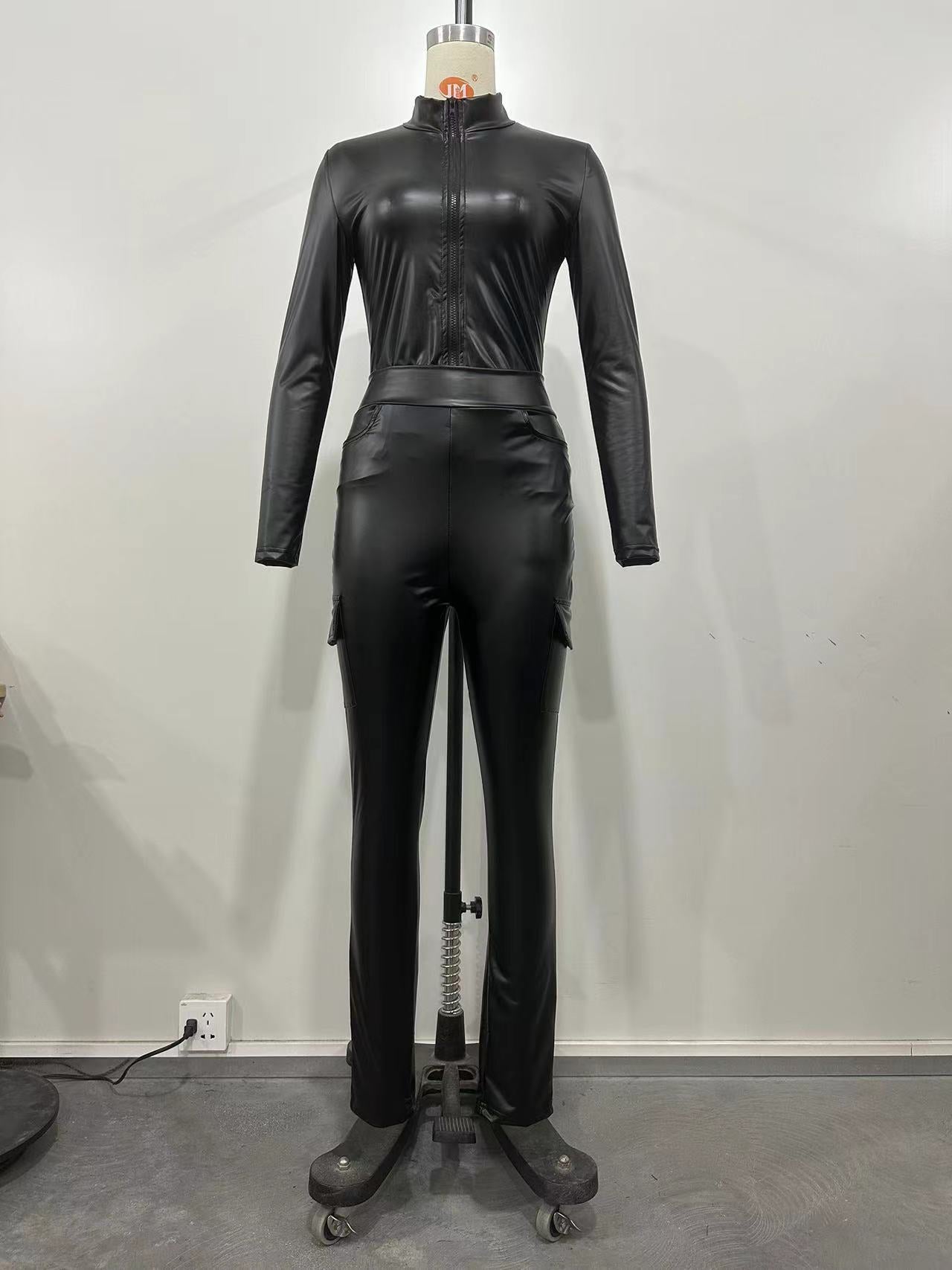 Women Solid Stretch PU-Leather Zipper Top and Pant Two-piece Set 9