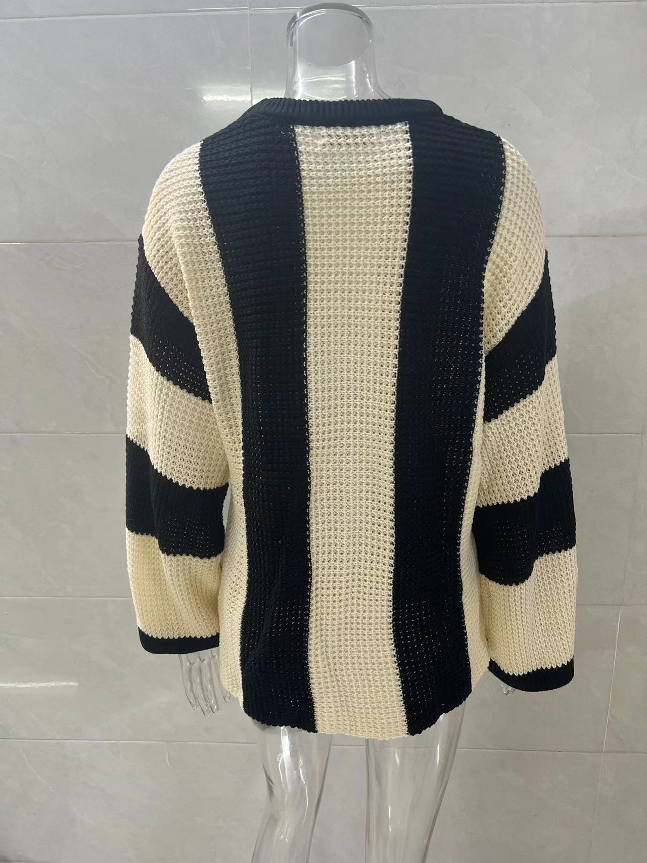 Spring And Autumn Trendy Knitting Sweater Top Round Neck Striped Sweater Jacket For Women 15