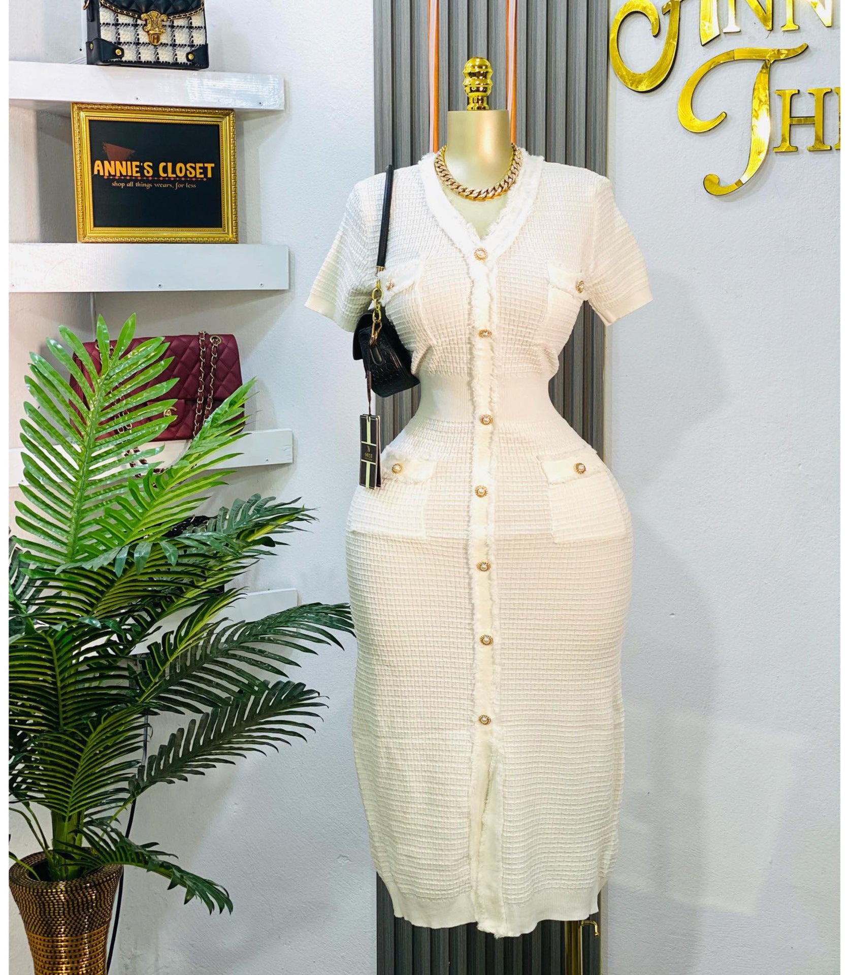 Summer Women's Buttoned Short-Sleeved V-Neck Slim Waist Slim Knitting Dress 5