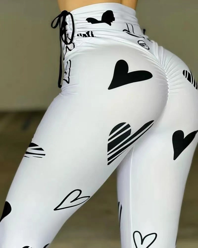 Women's Drawstring Heart Printed Yoga Exercise Butt Lift Fitness Basic Pants 4