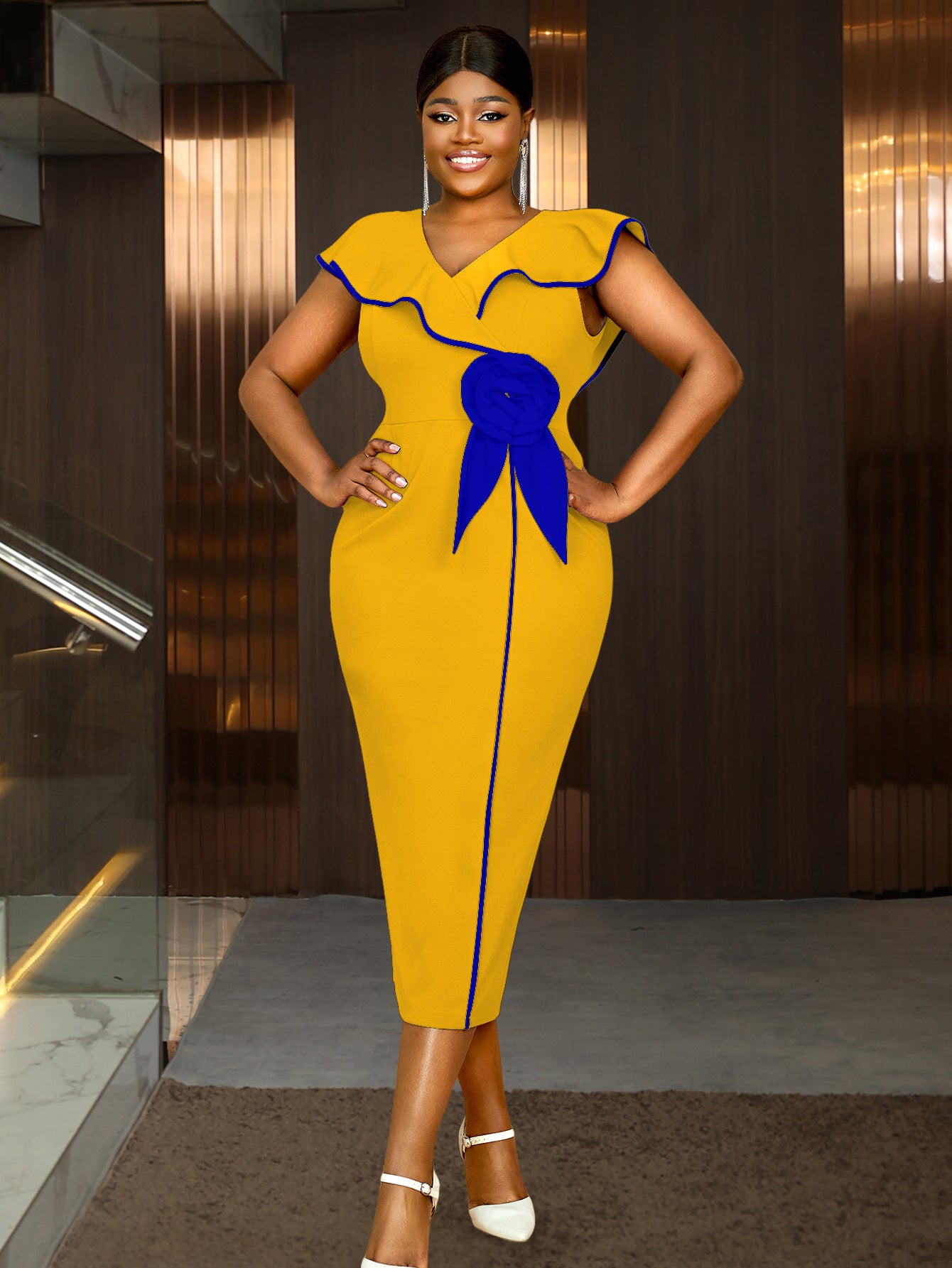 Plus-Size Contrast Flower Ruffle Sleeve Elegant Chic Formal Party Dress 3