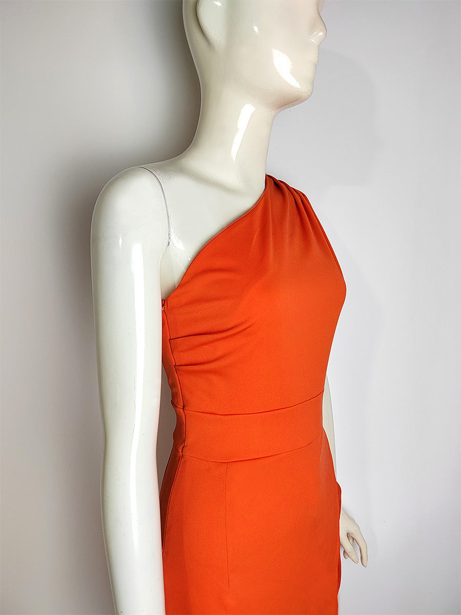Women 's One Shoulder High Waist Front Slit Chic Dress 32