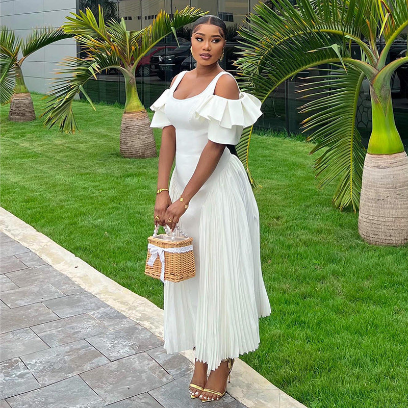 Women's Summer Chic Elegant U-Neck Ruffle Sleeve High Waist Pleated Long Dress 3