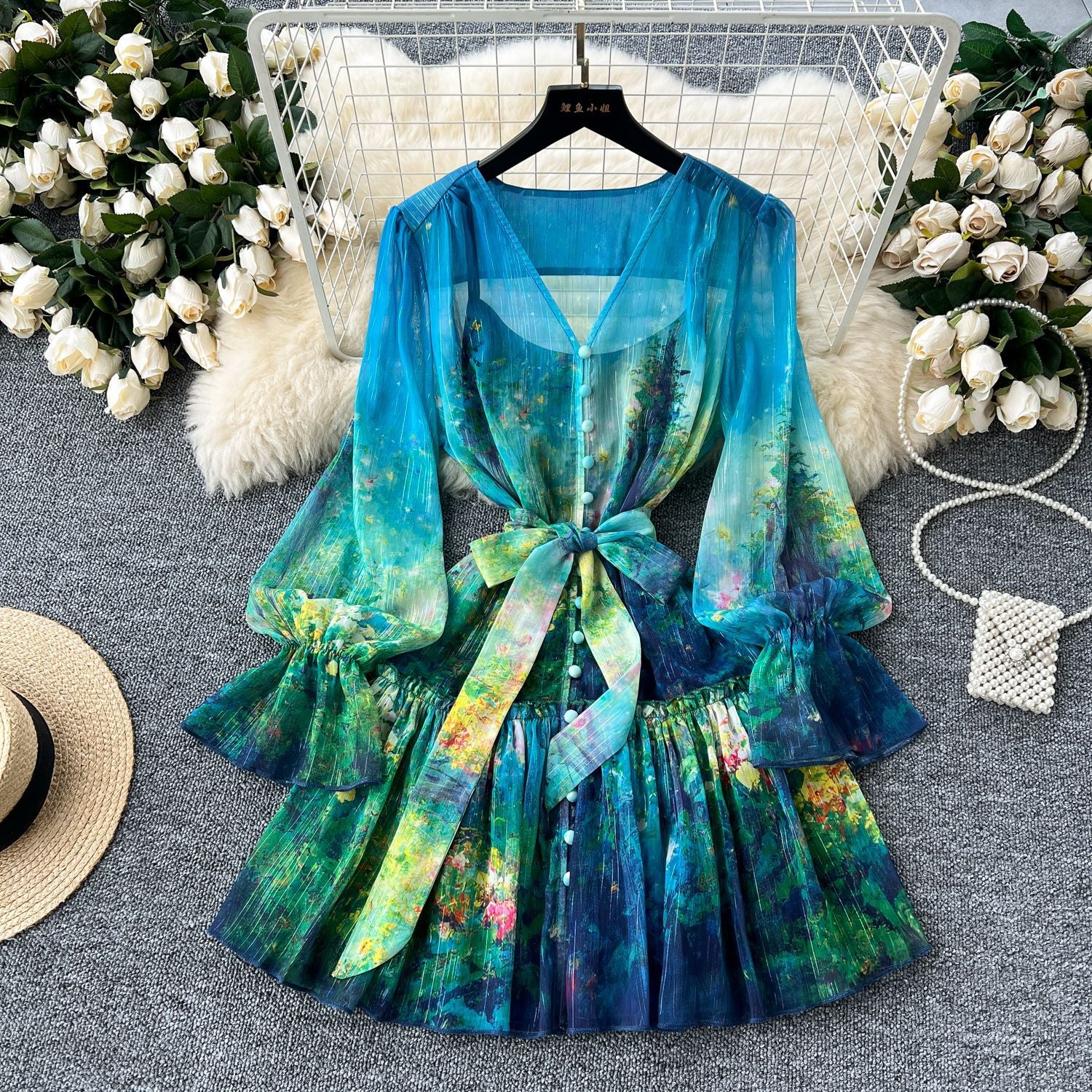 Bell Sleeve Dress Women's Bell Sleeve Floral Slim WaistBelt V-Neck Ruffle Mini Dress 3
