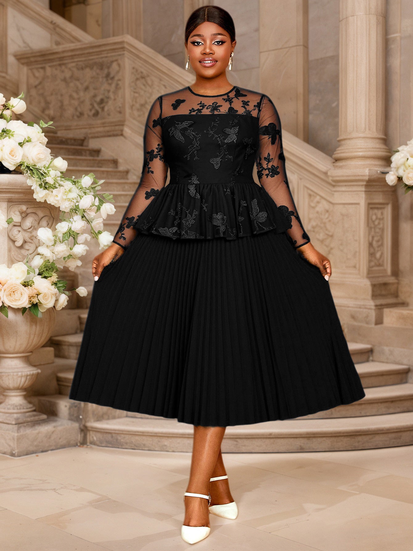 Plus-Size Women Elegant Black Patchwork Embroidered Mesh Ruffle Long-Sleeved Pleated Dress 4