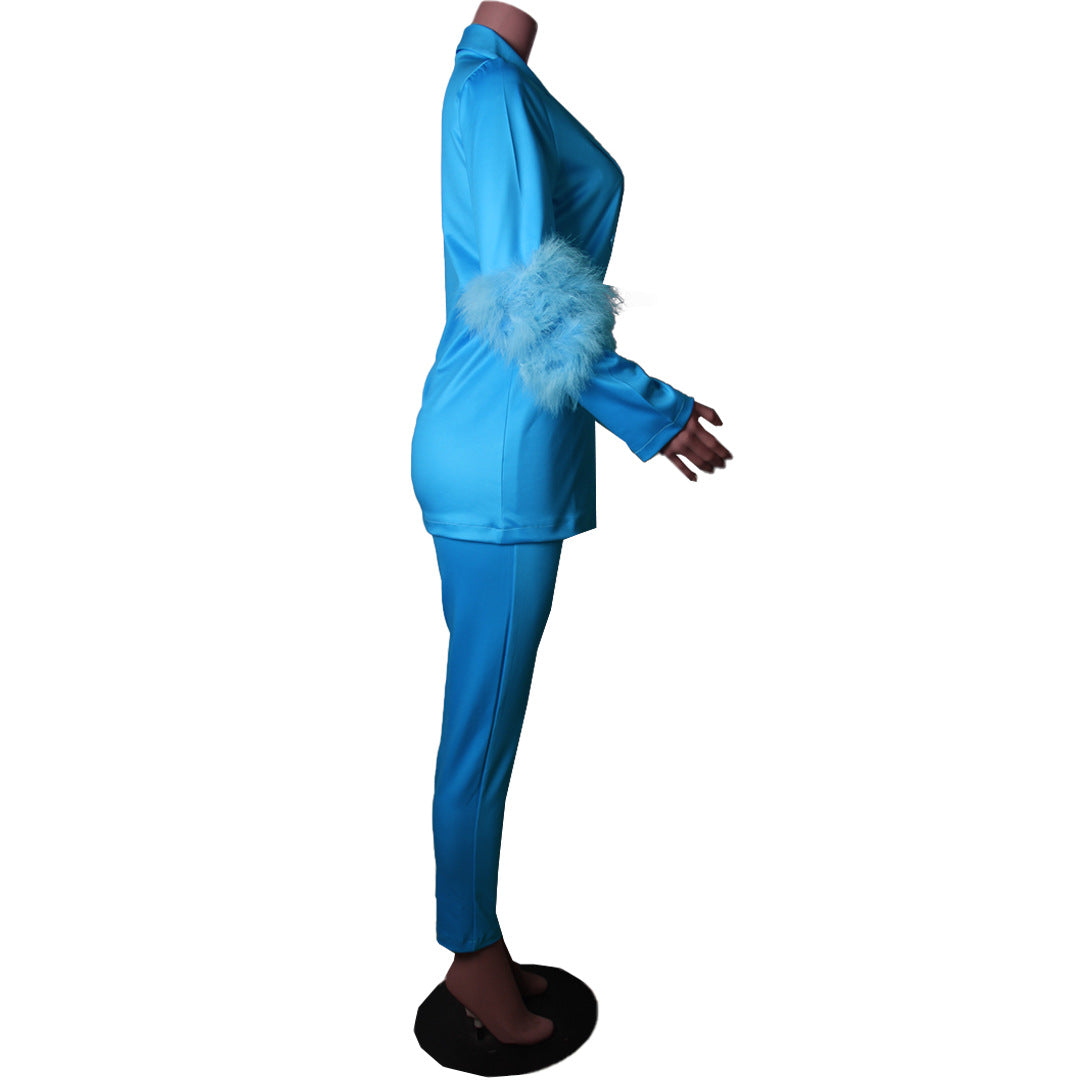 Fall Women Feather Blazer and Pant Two Piece 22