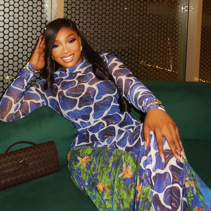 Women Printed High-Neck Long-Sleeved Career Bodycon Dress