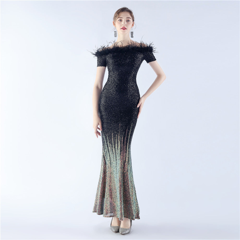 Women craft ostrich feather gradient sequins Off Shoulder evening dress 9