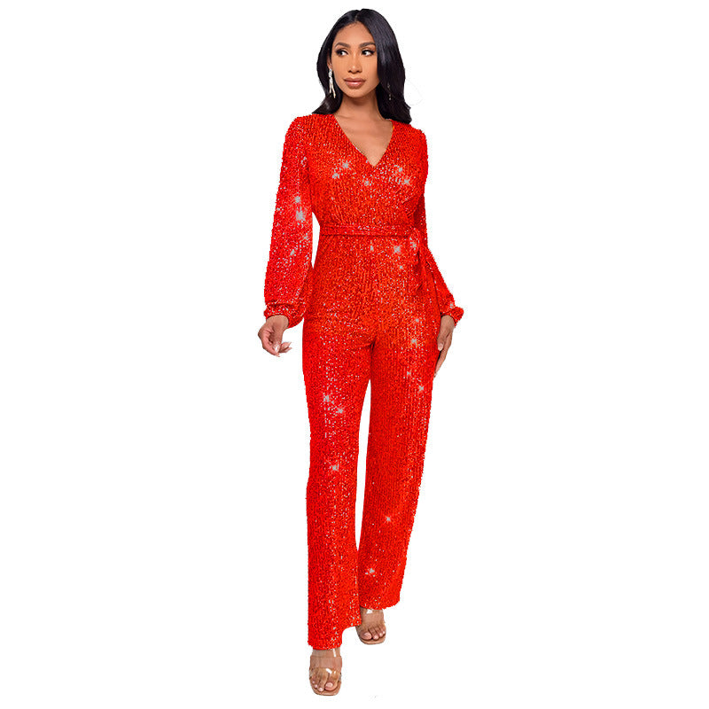 Fashion Casual Long Sleeve Belt Sequin Jumpsuit Women's Clothing 12