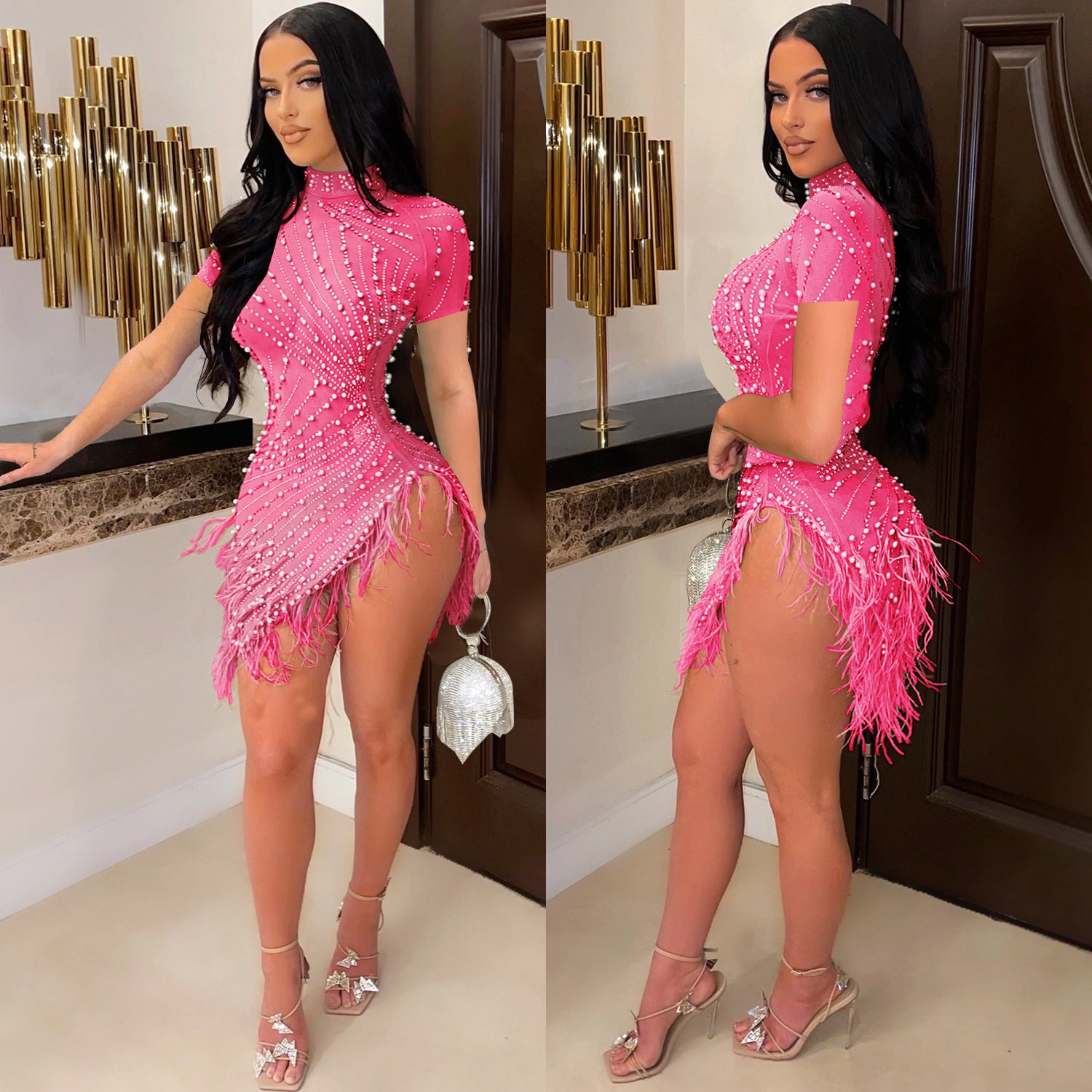 Summer Women's Sexy Mesh Beaded Tassel Short Dress 15