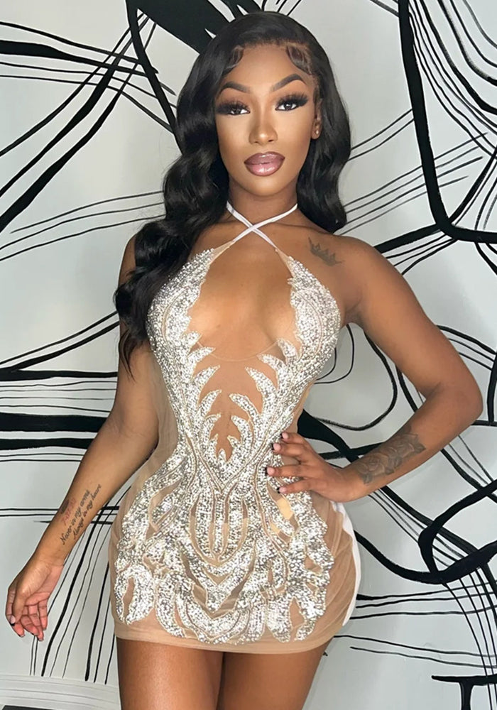 Summer women's sexy mesh Beaded See-Through nightclub dress