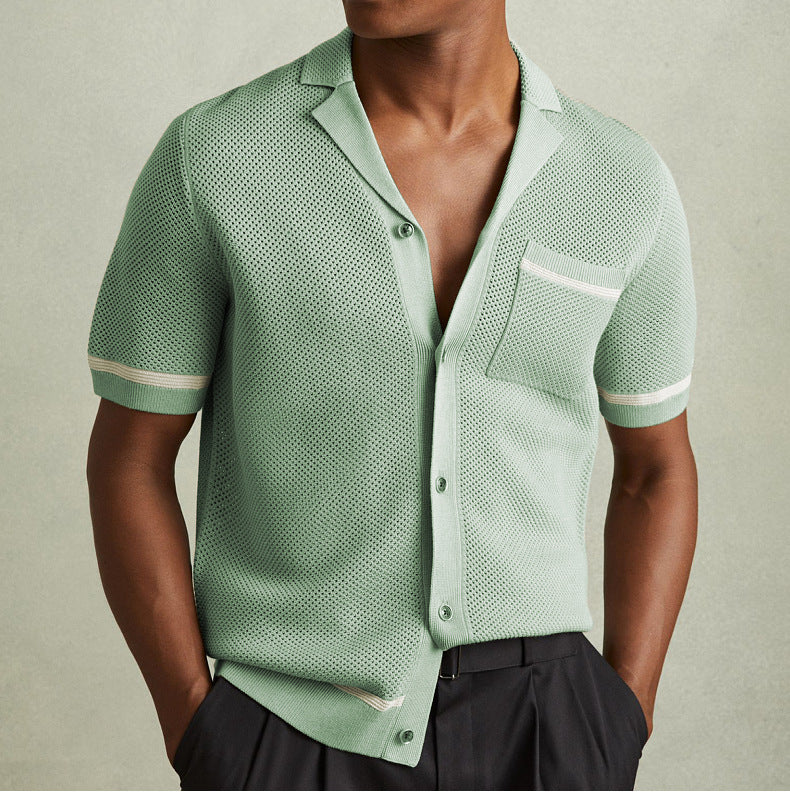Sexy Hollow-Out Men’s Knitted Shirt Summer Turndown Collar Short Sleeve Polo Shirt 3