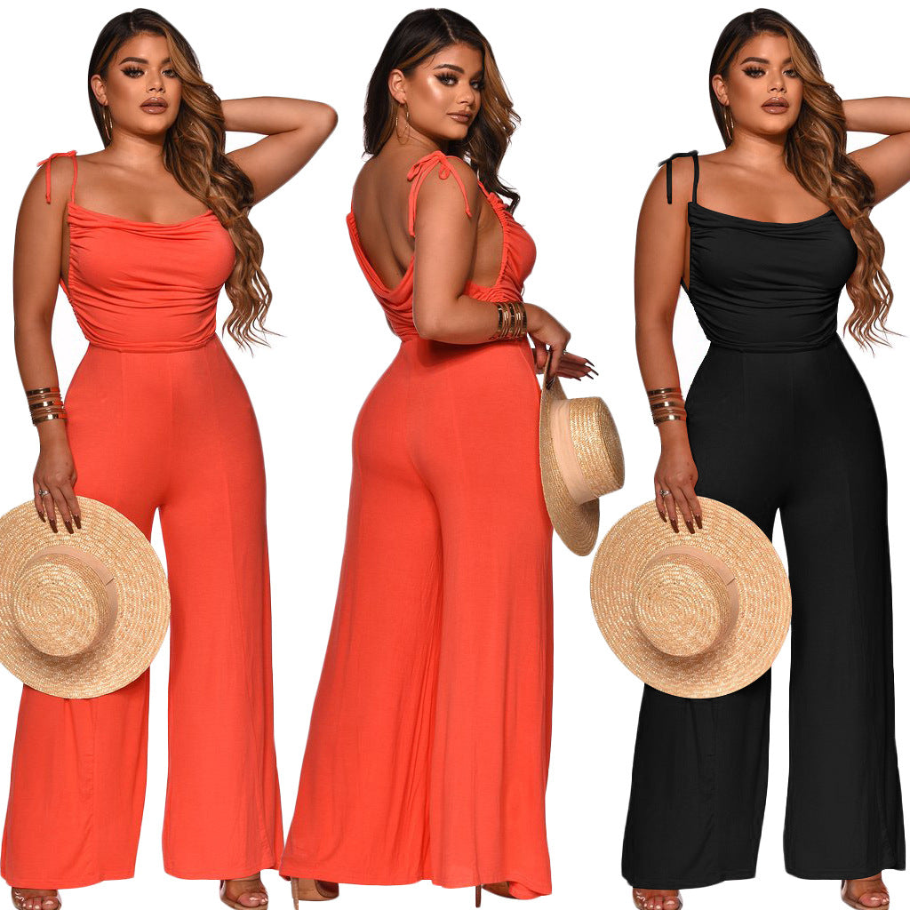 Women Solid Straps Lace-Up Wide Leg Jumpsuit 7