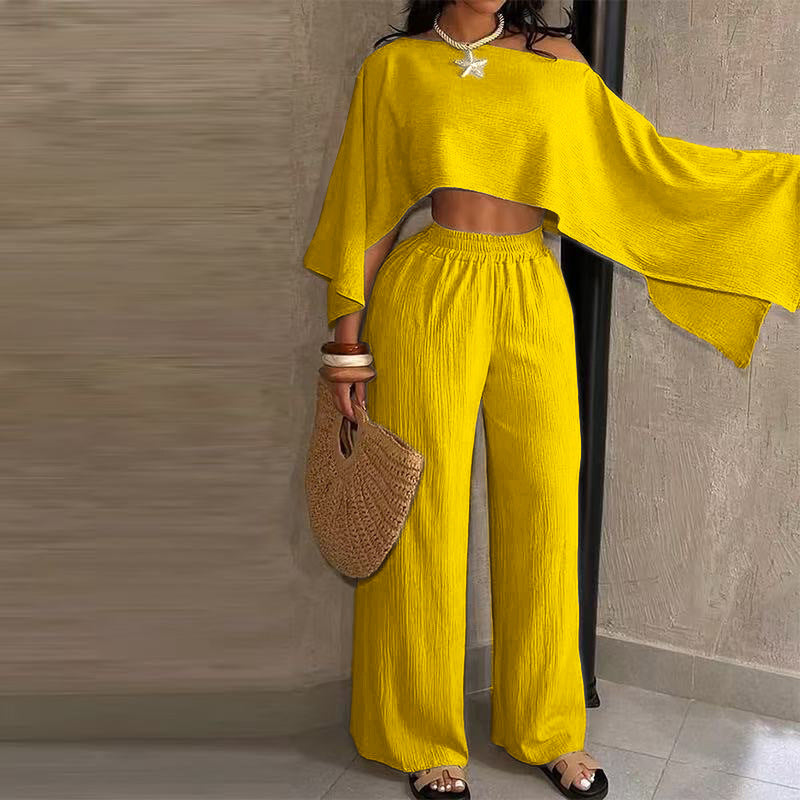 Women's Fashion Sexy Beach Holidays Solid Slash Shoulder Irregular Top with Elastic Waist Pockets Long Pants Set 11