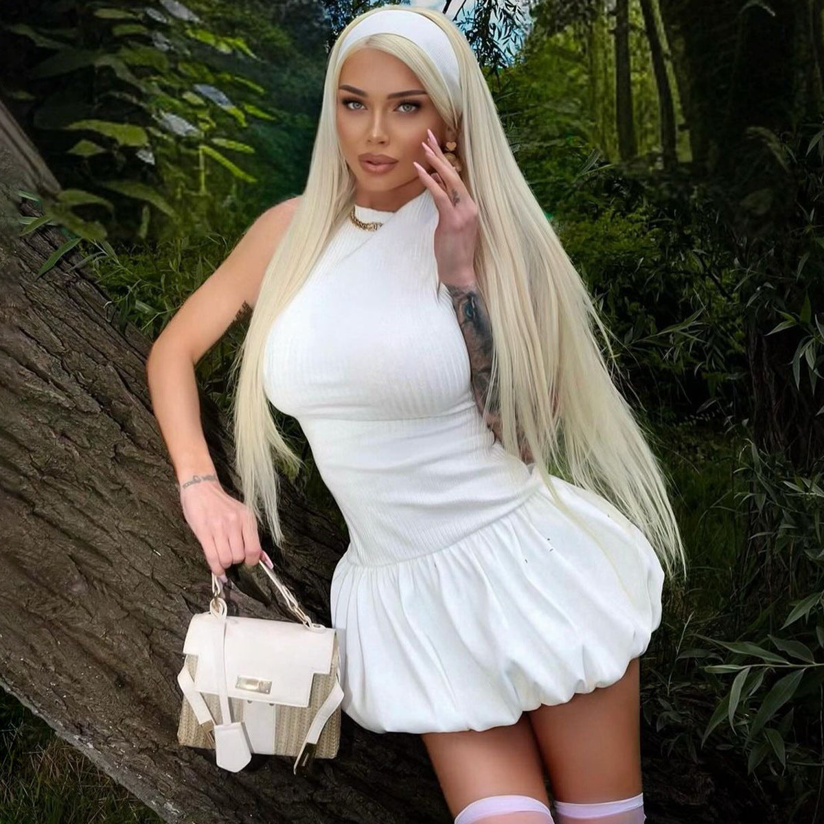 Women's Summer Fashion Sexy Back Hollow Slim Patchwork Pleated Dress 5