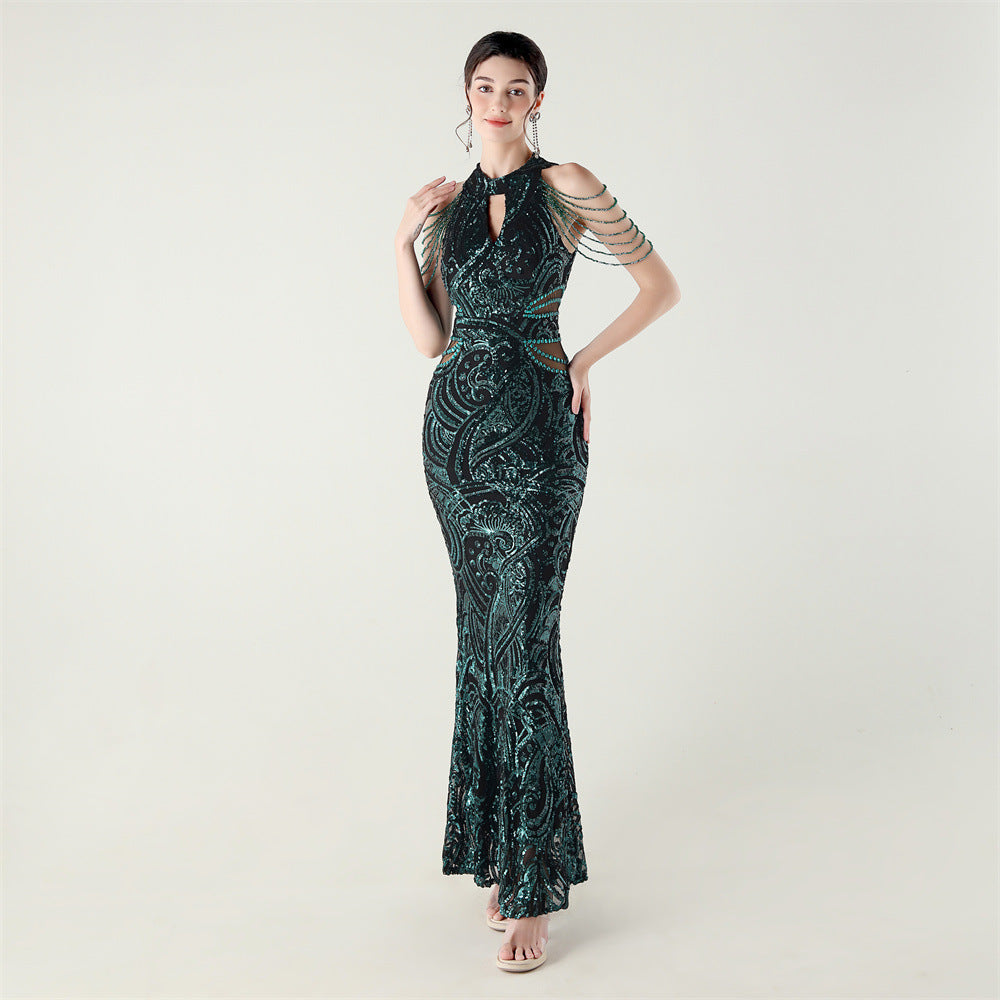 Women beaded chain shoulder sequin halter neck formal party evening dress 9