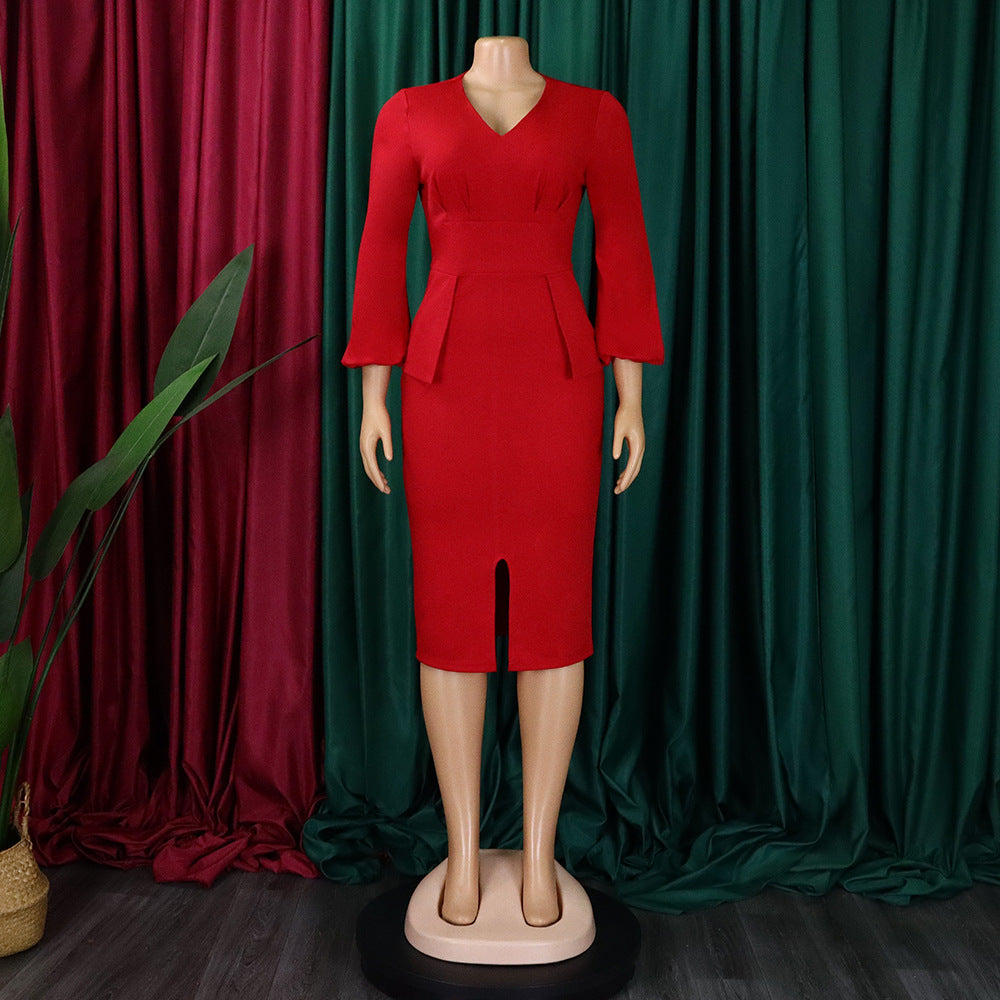 African Women v-neck puff sleeve slit dress 31