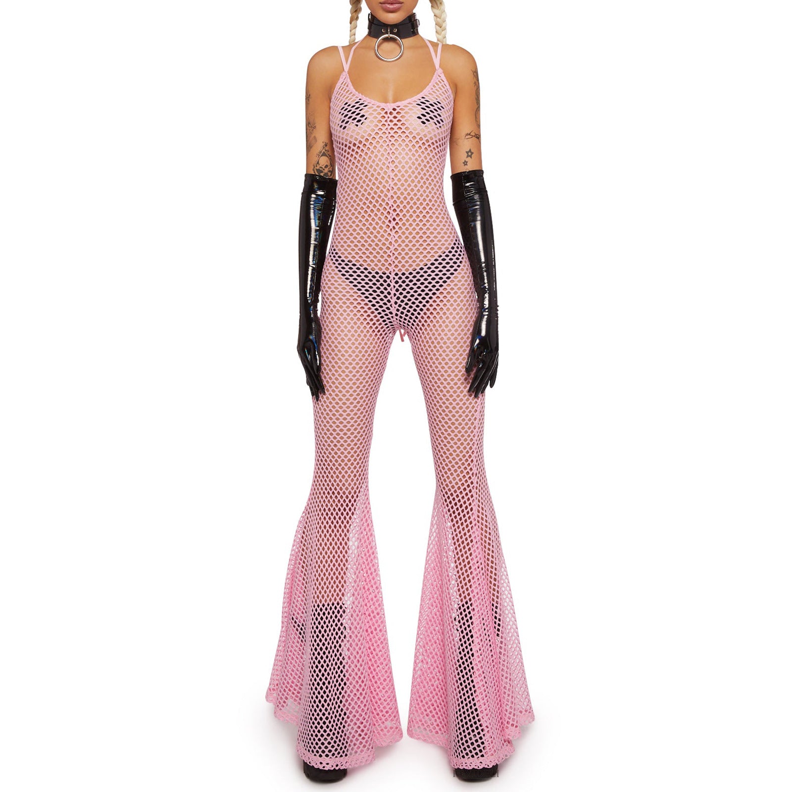 Women Sexy Backless Lace Up Bell Bottom Jumpsuit