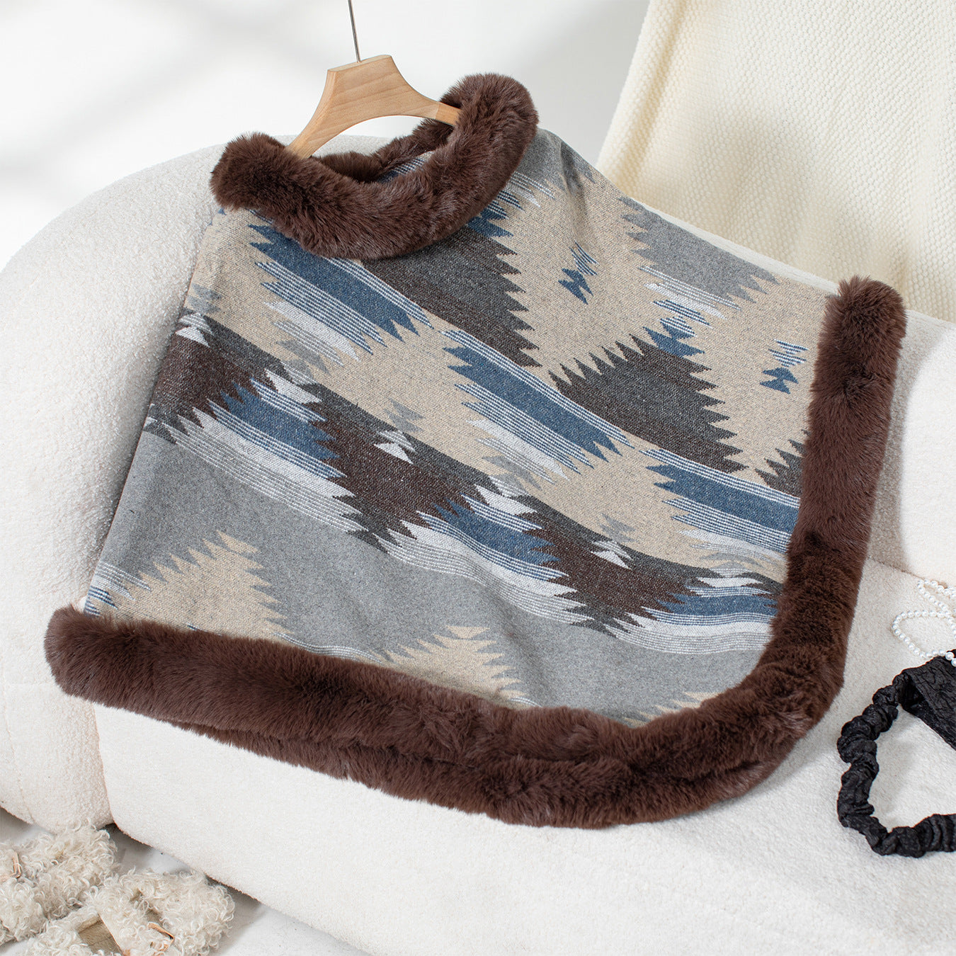 Autumn Winter pullover cloak fur collar geometric pattern knitting shawl sweater 7