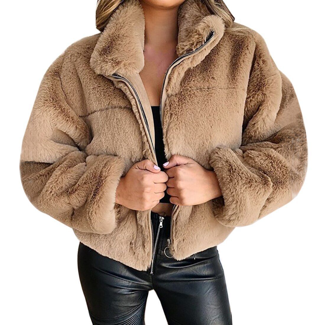 Women furry zipper warm jacket