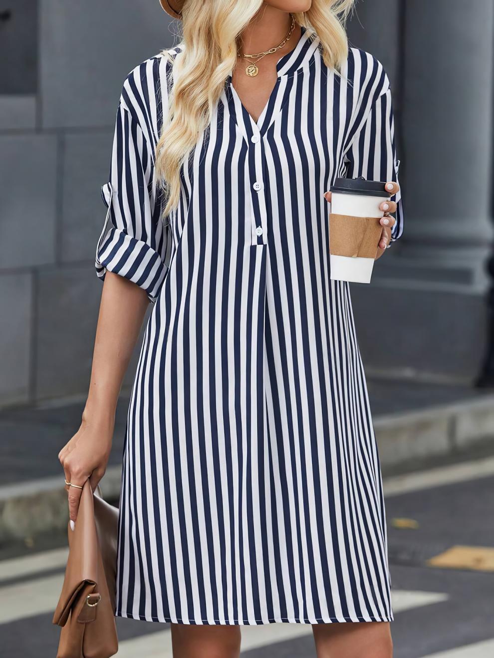 Women striped long-sleeved V-neck shirt dress 6