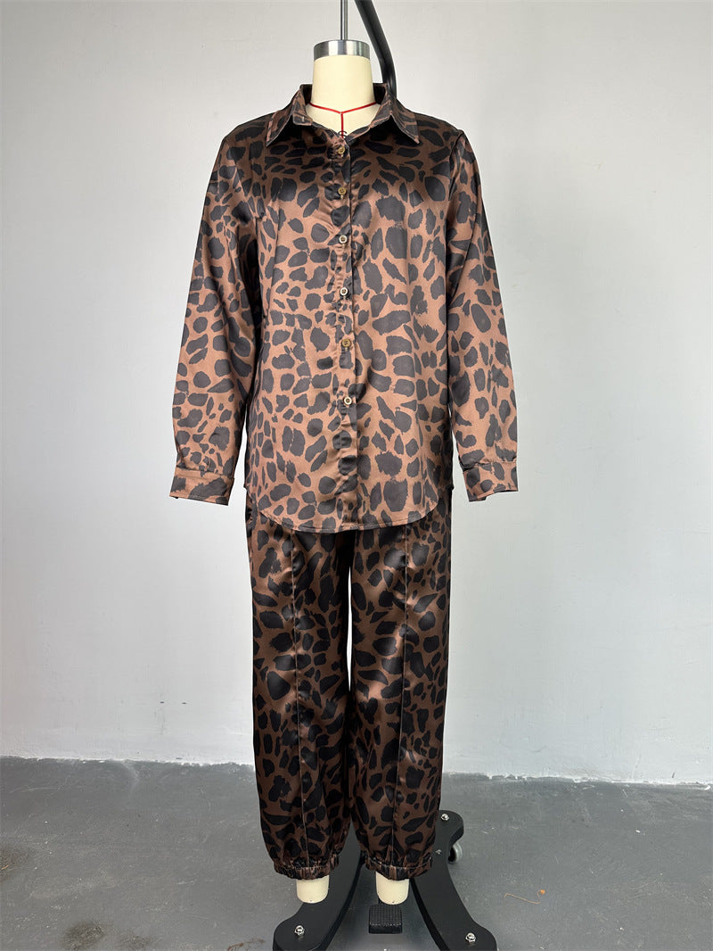 Women Casual leopard print shirt and Pants two-piece set 6