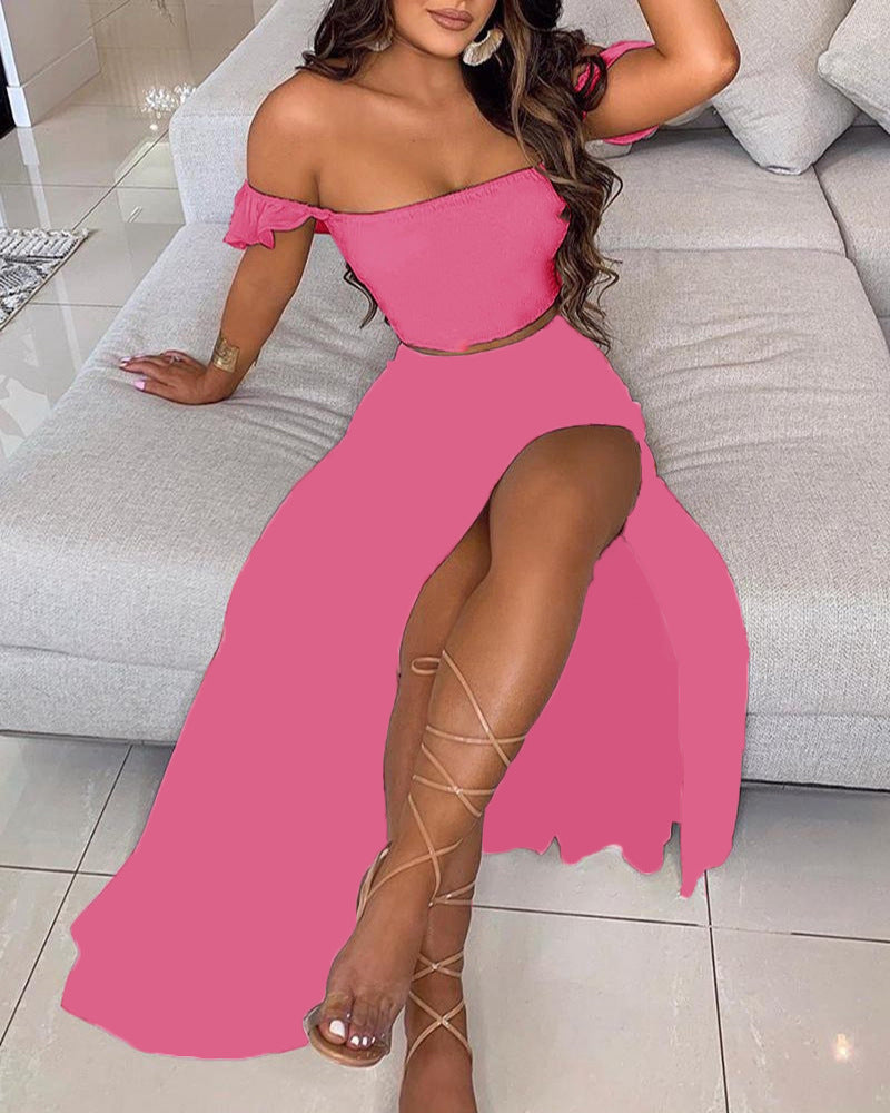 Women Summer French Bohemian Print Strapless Top and Skirt Two-Piece Set 20